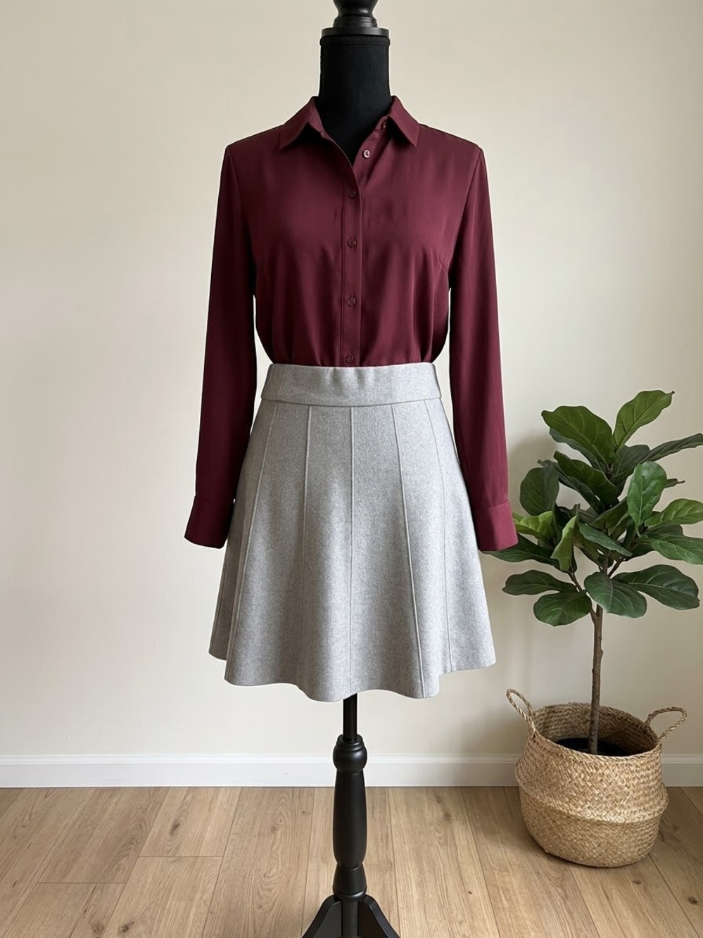 Ann Taylor Maroon Blouse with Light Gray Circle Skirt